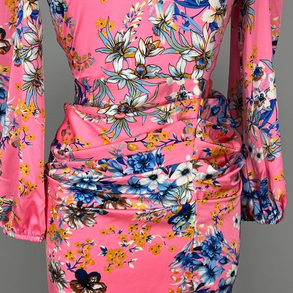 Boohoo Floral Print High Neck Ruched Midi Dress Blush Pink Satin size 10 - Picture 7 of 16